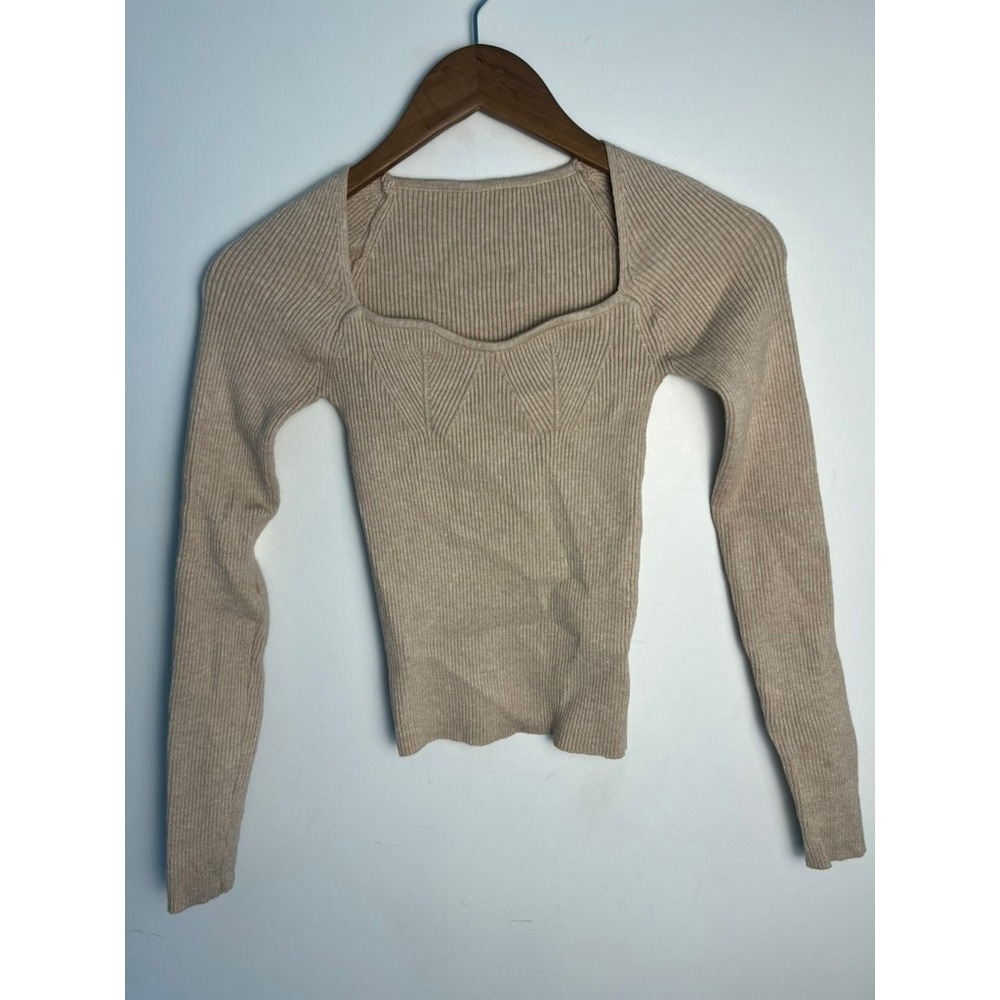 Shein Women XS/2 Beige Ribbed Knit Long Sleeve Sweetheart Square Top Feminine